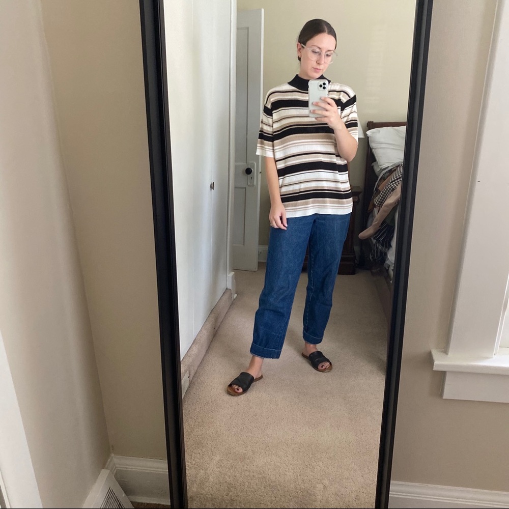 Short Sleeve Striped Ribbed Turtleneck